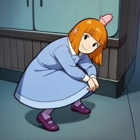 score_9, score_8_up, score_7_up BREAK BethObl, 1girl, orange hair, bob cut, blunt bangs, black eyes, pink head tumor, white-collared light blue buttoned dress, light purple leggings, purple mary jane shoes, smiling at viewer,