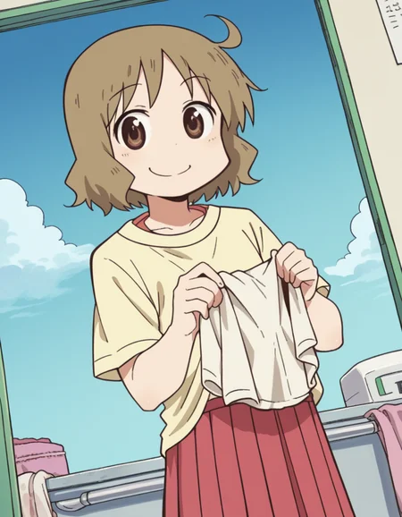 score_9, score_8_up, score_7_up, source_anime, <lora:izumi-sakurai-s1-ponyxl-lora-nochekaiser:1>, izumi sakurai, short hair, brown hair, brown eyes, ahoge,, skirt, yellow shirt, pleated skirt, red skirt,, laundry day, clothesline, drying clothes, domestic life, fresh air, blue sky, , smug, looking at viewer, solo,, dutch angle, cowboy shot