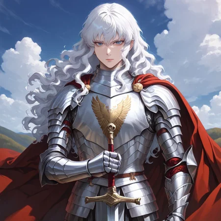 masterpiece, best quality, newest, absurdres, highres, DFAV1.5,
1boy, griffith_(berserk), white hair, blue eyes, wavy hair, armor,
holding, holding weapon, holding sword,