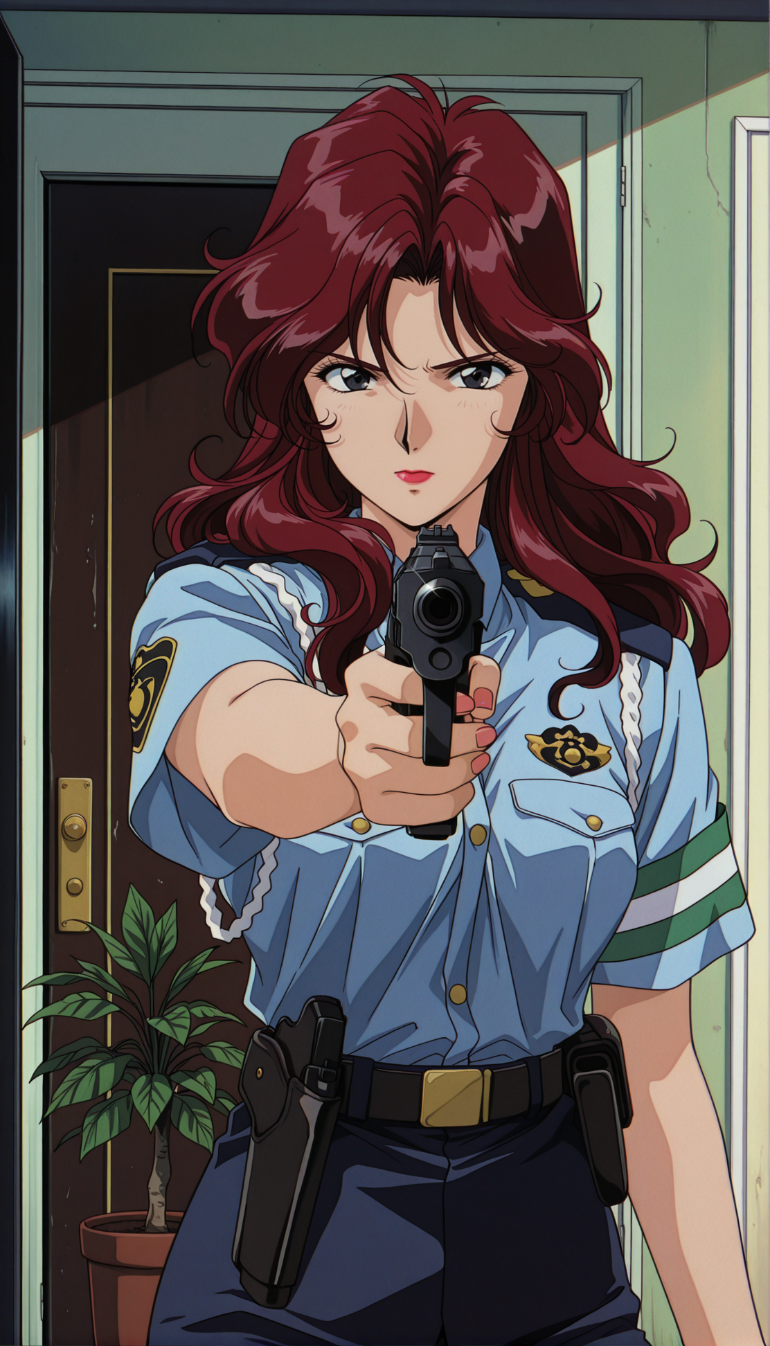 masterpiece,best quality,amazing quality,AoiFutaba tm,1girl,police,police uniform,solo,gun,weapon,policewoman,black eyes,retro artstyle,holding,Wine red hair,long hair,holding weapon,holding gun,1990s \(style\),short sleeves,aiming,uniform,handgun,door,wavy hair,plant,lipstick,shirt,blue shirt,closed mouth,looking at viewer,potted plant,aiming at viewer,<lora:AoiFutaba ill:0.9>,