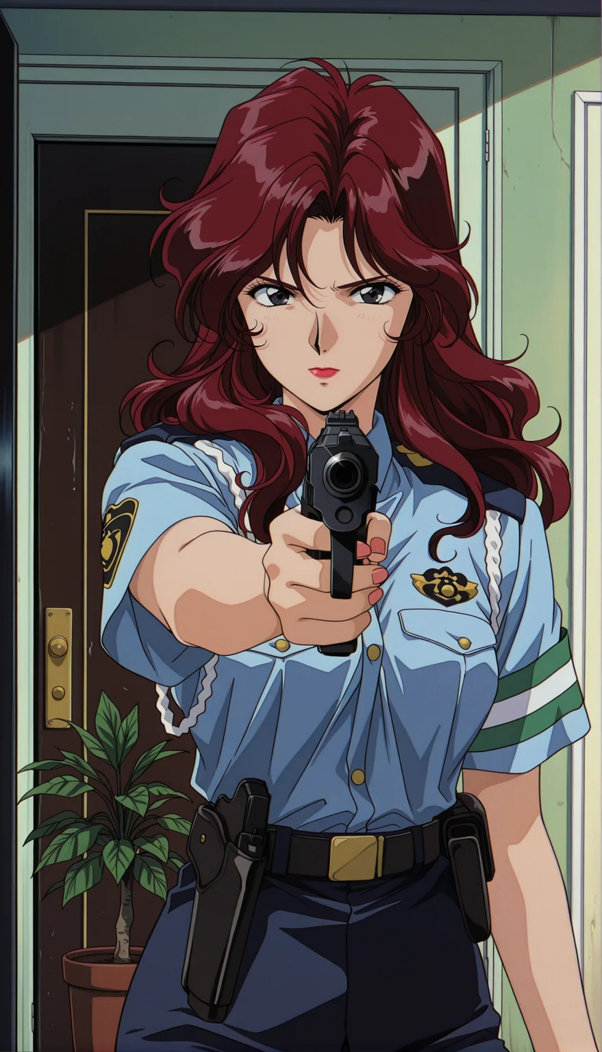 masterpiece,best quality,amazing quality,AoiFutaba tm,1girl,police,police uniform,solo,gun,weapon,policewoman,black eyes,retro artstyle,holding,Wine red hair,long hair,holding weapon,holding gun,1990s \(style\),short sleeves,aiming,uniform,handgun,door,wavy hair,plant,lipstick,shirt,blue shirt,closed mouth,looking at viewer,potted plant,aiming at viewer,<lora:AoiFutaba ill:0.9>,