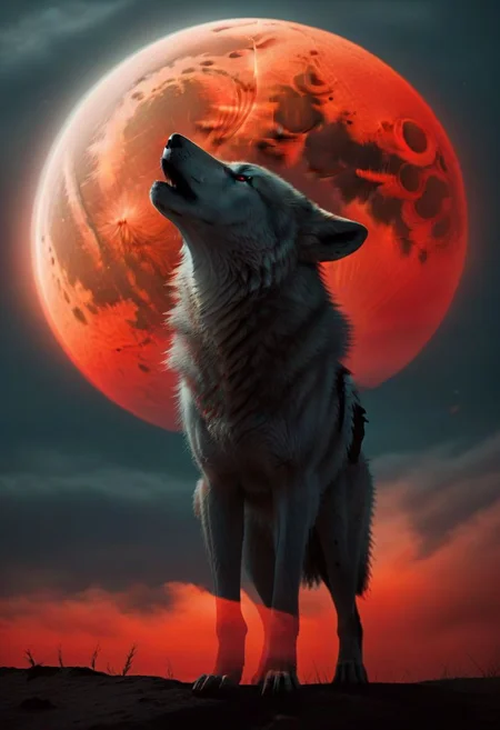 A majestic wolf, its coat adorned with glowing runes, howls at a blood-red moon, its silhouette outlined against a star-strewn sky.