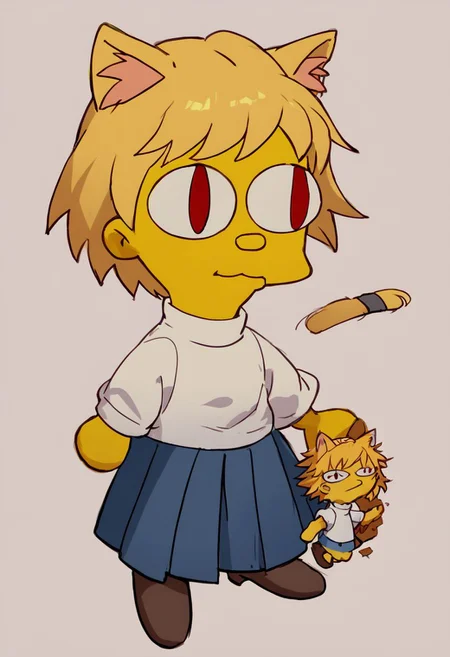 score_9, score_8_up, score_7_up,source_cartoon, zPDXL,theSimpsonsstyle,necoarc,blonde hair, red eyes, slit pupils, cat ears, :3, chibi,turtleneck, white shirt, blue skirt, pleated skirt, pantyhose, brown footwear,yellow skin