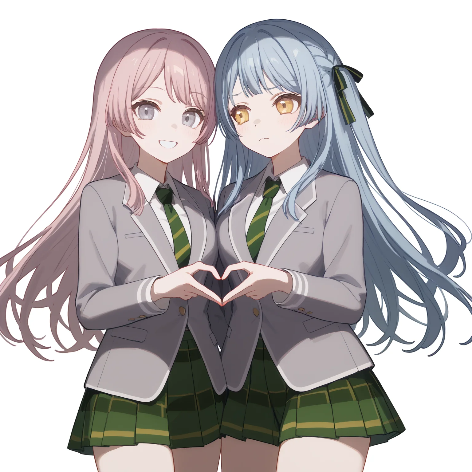 score_9, score_8_up, score_7_up, 2girls, heart hands, simple background, grey background, school uniform, grey jacket, white shirt, green necktie, striped necktie, green skirt, pleated skirt, plaid skirt, blazer, standing, cowboy shot, [thighs], style_4,
BREAK <lora:chihaya_anon_pony:0.8>, chihaya_anon, smile, grey eyes,
BREAK <lora:togawa_sakiko_PonyXL:1>, togawa sakiko, long hair, blue hair, yellow eyes, black ribbon, hair ribbon, two side up, bangs, frown, blush, shy, looking away,
