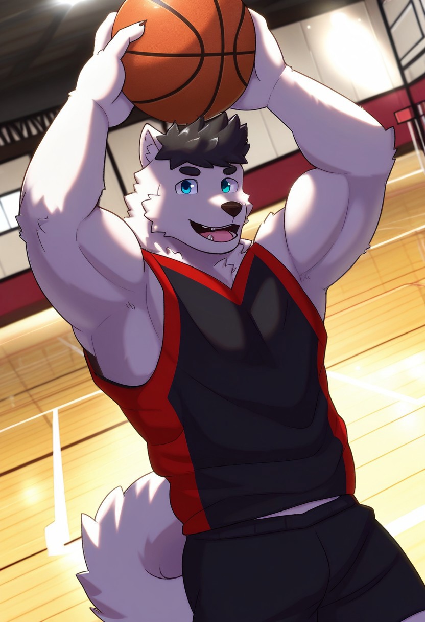 <lora:GabeV2:1>, gabe, wolf boy, short hair, black hair, wolf tail, blue eyes, perfecteyes, muscular male, bara, athletic build, furry male, furry, solo, 1boy, beautiful, hyper-detailed, highres, amazing quality, very aesthetic, dynamic lighting, detailed background, basketball court, black tank top, black shorts, cowboy shot, dynamic angle, smile, face focus, close up, portrait, holding basketball