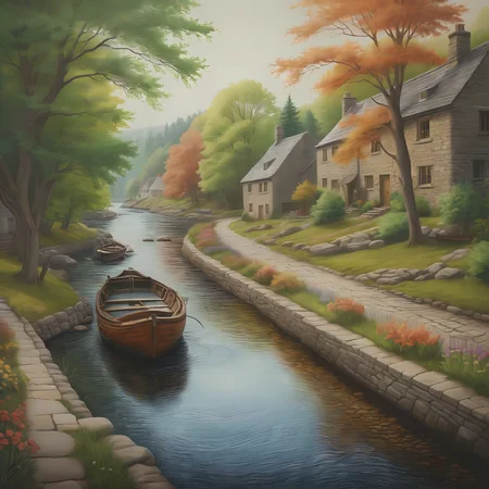 Stone cottage, cobblestone street, trees, flowers, a river, boat, rustic, warm tones.
<lora:PencilDrawEn01_CE_SDXL:0.6>