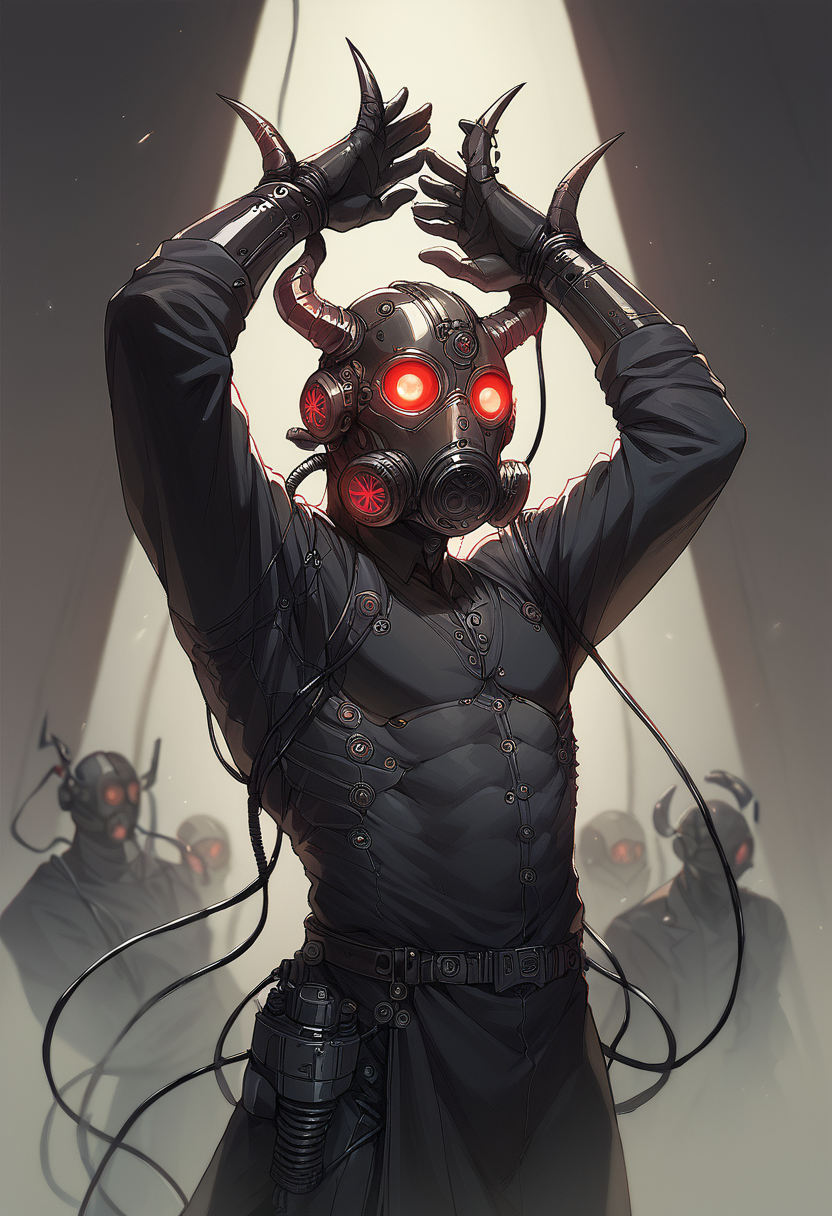 (score_9, score_8_up), score_7_up, 1boy, horns, mask, glowing, helmet, robot, machinery, science fiction, cable, gas mask, wire, tube, machine, dancing, black robe, cowboy shot, exposing arm pits, arms up, black latex gloves,
<lora:Gas_mask-000009:0.75>