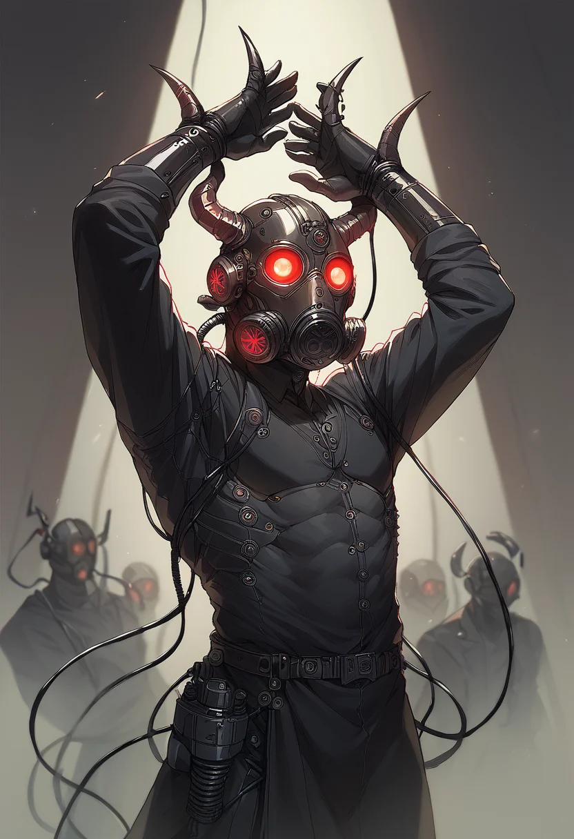 (score_9, score_8_up), score_7_up, 1boy, horns, mask, glowing, helmet, robot, machinery, science fiction, cable, gas mask, wire, tube, machine, dancing, black robe, cowboy shot, exposing arm pits, arms up, black latex gloves,
<lora:Gas_mask-000009:0.75>