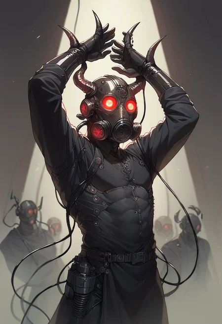 (score_9, score_8_up), score_7_up, 1boy, horns, mask, glowing, helmet, robot, machinery, science fiction, cable, gas mask, wire, tube, machine, dancing, black robe, cowboy shot, exposing arm pits, arms up, black latex gloves,
<lora:Gas_mask-000009:0.75>