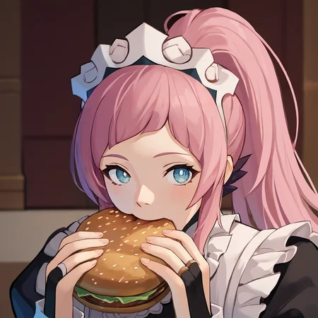 score_9, score_8_up, score_7_up, score_6_up, source_anime BREAK 1girl, <lora:jermawhopper-pdxl-nvwls-v1-000005:1> jermaWhopper, eating, burger, looking at you, upper body <lora:felicia-fe-richy-v1_pdxl:1> feliciadef, pink hair, ponytail, blue eyes, maid headdress, brooch, maid apron, black thighhighs, bridal gauntlets