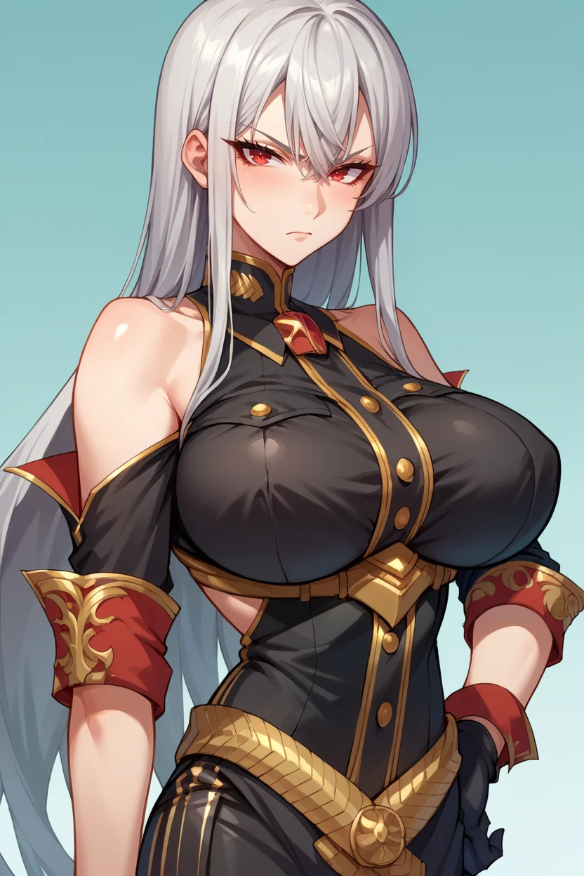 score_9, score_8_up, score_7_up, score_6_up, source_anime, BREAK 1girl, <lora:selvaria-pdxl-nvwls-v1-000005:1> selvaria, very long hair, black shirt, bare shoulders, belt, black leggings, detached sleeves, black gloves, large breasts, simple background, gradient background, looking at you, serious, aqua background,