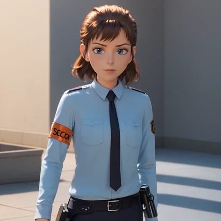 <lora:laetitia_pony_v1:.8> LaetitiaSecurity, 1girl, police uniform, black necktie, brown hair, collared shirt, armband, policewoman, pants, belt, twintails, blue eyes, walkie-talkie, short hair, blue shirt, cowboy shot
