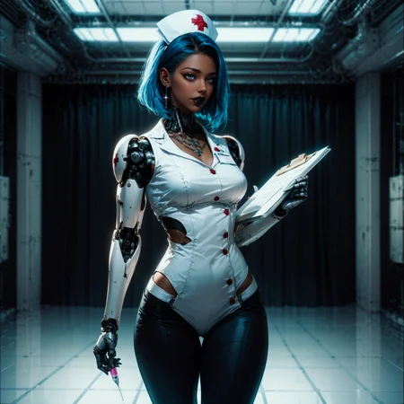 (score_9, score_8_up, score_7_up, zPDXL),
BREAK
A nurse full body dark-skinned female blue hair holding a syringe and a notepad.
BREAK
She walks towards the viewer in the hospital room.
BREAK
She has black lipstick, red skinhighly detailed, female focus, robot, cyborg , android, mechanical arms, cybernetic neck, bionic torso, bionic skin
BREAK
thick lineart, sharp edges, cel shading, linear hatching, black and white comic-noir aesthetics, film noir atmosphere, high contrast, duotone,