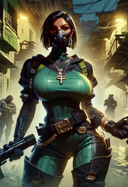 score_9, score_8_up, score_7_up, score_6_up, score_5_up, score_4_up, masterpiece, perfect face, perfect eyes, sexy girl, Viper, 1girl, valVipr, bob cut, green eyes, black hair, mature female, gas mask, green and black bodysuit, black gloves, belt, thigh boots, sexy pose, seductive, (large breasts:1.3), thick thighs, ho1ding-weap0n, 1girl, holding rifle, gangster, brazil, hoodie
front view, female focus, looking at viewer,