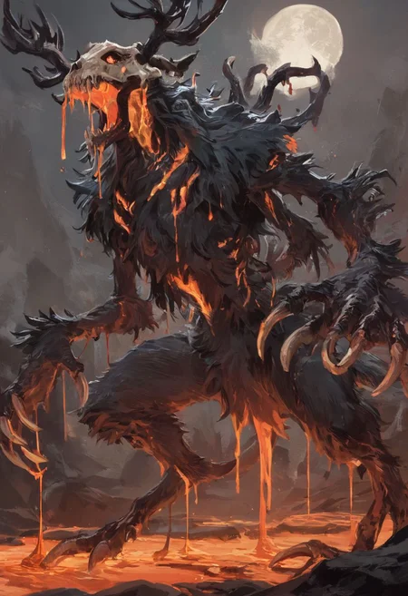 score_9, score_8_up, score_8 (score_9, score_8_up, score_7_up1 <lora:magma_12_lbw_2:1.25> eldritch horror, lava, magma, volcanic rock, monster, ((animal skull)), crying tears of lava, tattered and burnt fur, claws, antlers, beast, rib cage, bones, lava tails, tendril protruding from its head, large claws, levitating, melting fur and flesh from bone, melting, dripping lava, demonic creature, asymmetric claws, lanky body, spindly limbs, moon presence from bloodborne, hole in its head