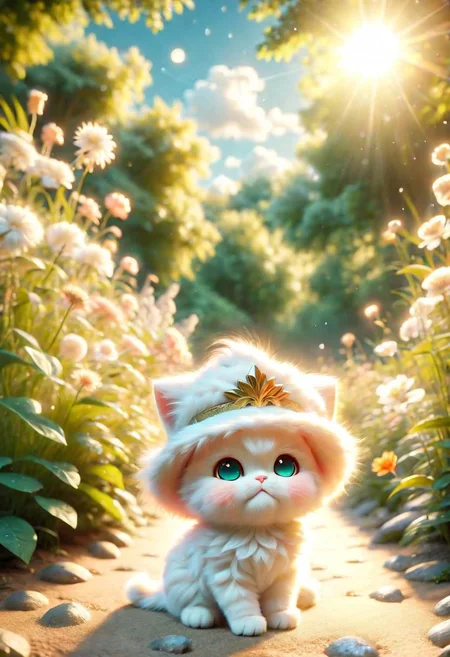ral-fluff,<lora:ral-fluff:1>,
chibi,masterpiece,best quality,original,official art,cat, hat,flower,blurred background,rendering,beautiful detailed glow,(detailed ice),beautiful detailed sun,sunny, blurred flower, happy