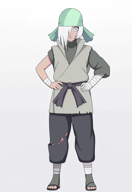 best quality, amazing quality, very aesthetic, absurdres,
1girl, ryuzetsu, hair over one eye, grey eyes, white hair,
bandana, vest, black pants, sandals, bandaged arm, torn clothes,
standing, full body, hands on hips,
looking at viewer, solo, simple background, white background, <lora:RyuzetsuNoobXL_byKonan:1>