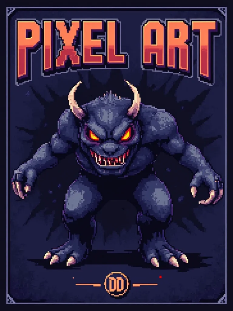 A pixel art poster for marketing. The poster main text reads: "Pixel Art". Under the main text, a small badge text reads: "DD". In the background is an evil monster. Designed by a genius and given to the common folk on the internet.<lora:General Flux\darkdescent-pixel-art.safetensors:0.9:1.0>