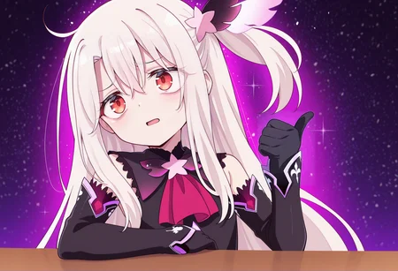 anime screenshot, anime screencap, anime coloring, look_at_my_tsukasa, parody, sparkles, upper body, thumbs up, table, 1girl, solo, white hair, red eyes, long hair,side ponytail, hair ornament, black dress, magical girl, corruption, detached sleeves, <lora:Illya_Illus:1><lora:Look_at_my_Tsukasa_medalist_meme:1>, masterpiece, best quality, amazing quality, very aesthetic, absurdres, highres, newest