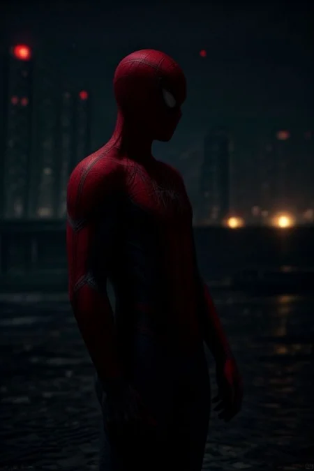 Spider-Man in a red and blue suit on the background of a night city. He stands surrounded by cobwebs and looks directly at the viewer