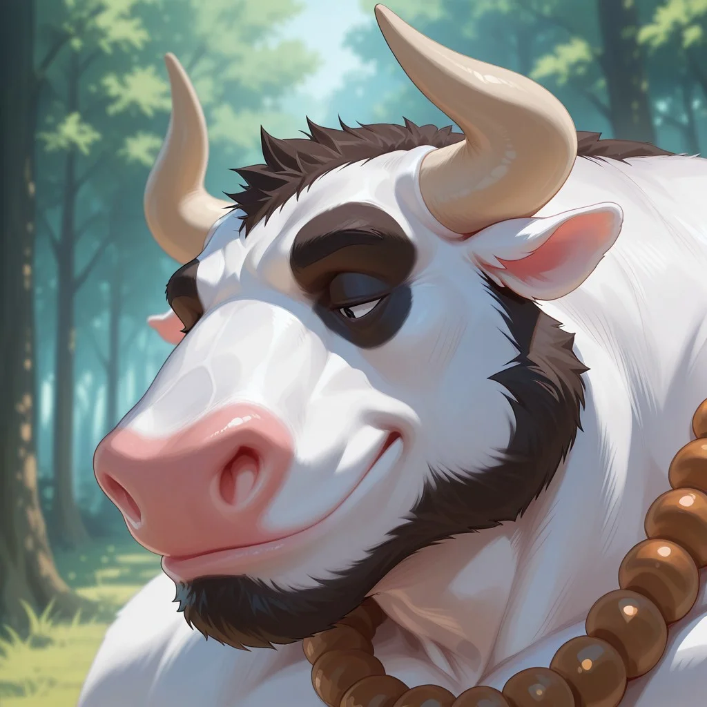 score_9,score_8_up,score_7_up,score_6_up , 2024, masterpiece, best quality, amazing quality, mascular, 20r0j_2
BREAK
1boy, cow, Anthro cow, White skin, tribal clothes, mascular
BREAK
face focus, face close up, semi closed eyes, forest background,