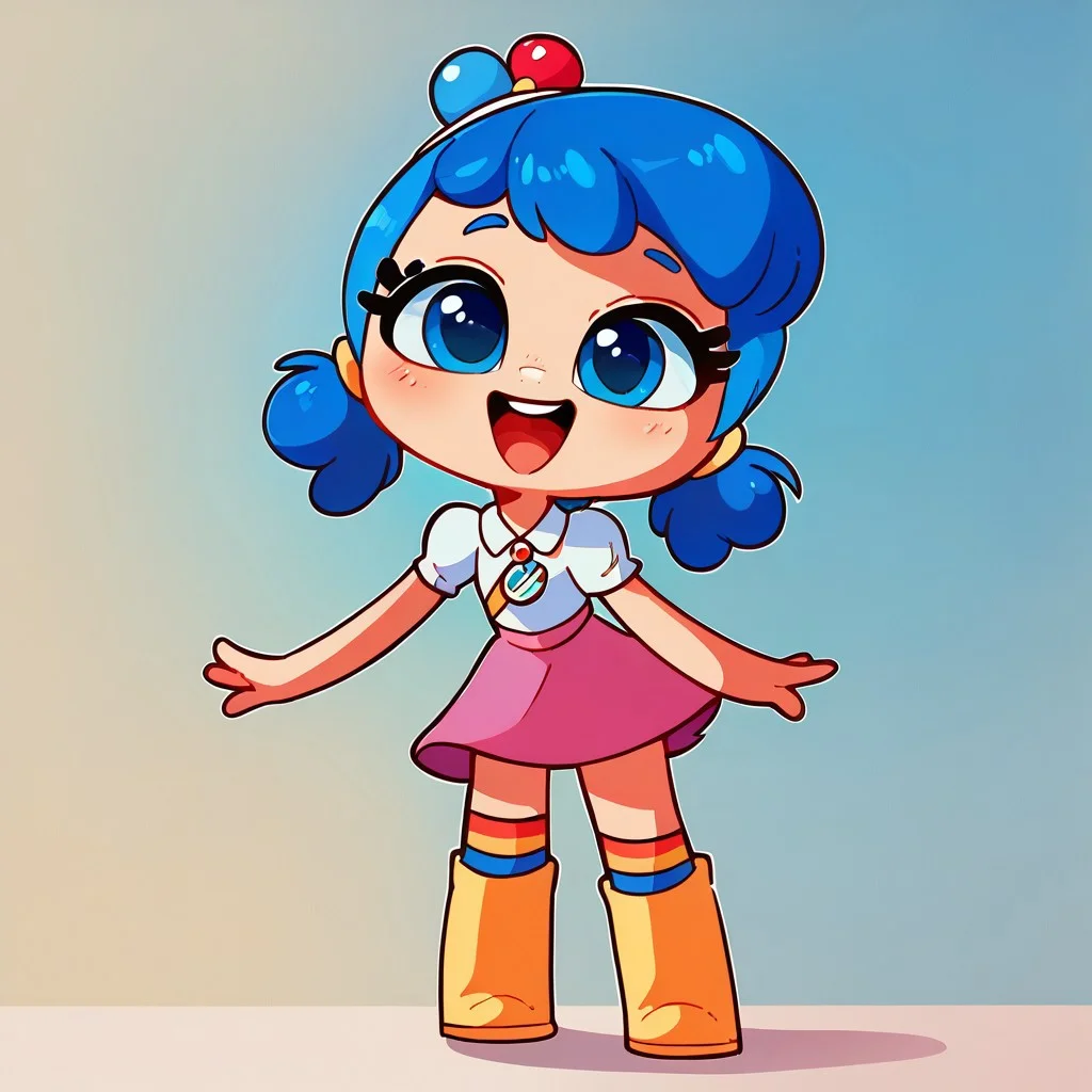 score_8, score_9, solo, true, blue hair, twintails, hair ornament, blue eyes, skirt, boots, open mouth, happy