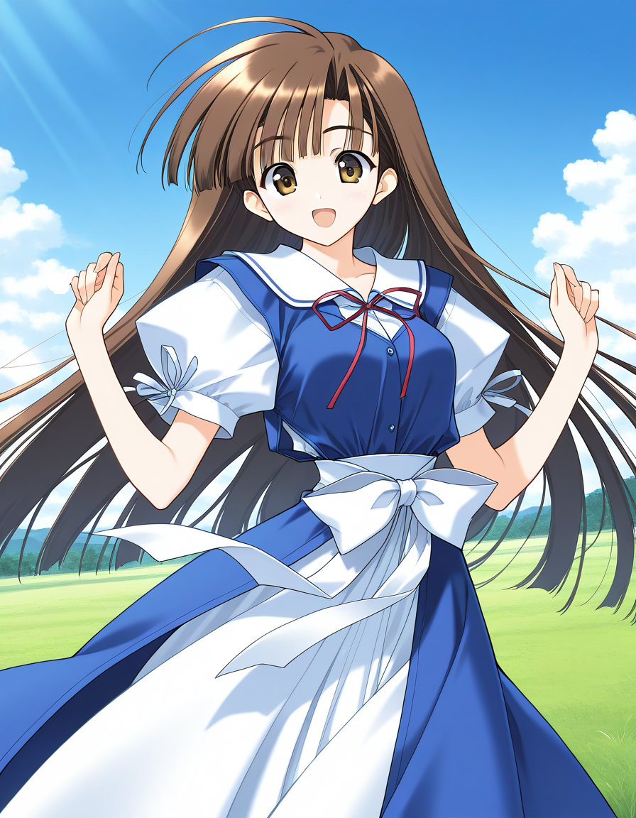 general,highres, ultra-detailed,very aesthetic,best quality ,best hands,  BREAK <lora:Mikage_Subaru_IS:1> Mikage_Subaru, 1girl,solo, brown hair, brown eyes, very long hair, bangs, medium breasts,
dress,  smile,  short sleeves, puffy sleeves, looking at viewer, bow, blue dress,  standing,  ribbon, white blue skirt, open mouth, happy, up arms, white bow,
cowboy_Shot,
blue sky, day, grass,