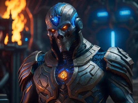 intricate movie scene, sci-fi city blacksmiths forge, tron style, close up of a menacing cyborg necromancer, satyr skull face, bio-organic, tubes and veins, volcanic body, stood in front of circular blue stargate, electric arcing, deep depth of field, highly detailed 8K, 35mm