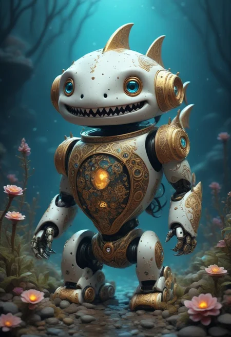 cute manuka robot, sharklike, fantasy