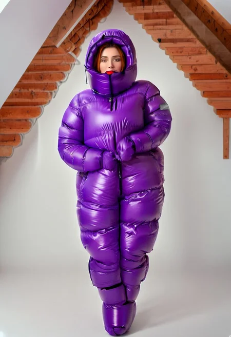 full body shot of one front cute, sweet woman, [person:0.75], radiating elegance and beauty. She is dressed in a violet ((hooded up  very puffer strait closed with puffy face mask glossuit)).She is ventilator dependant with a mouth intubation tube in her mouth coming from a breathing machine on the floor at the right of her feet, She couldn't breath without the breathing tube coming out of her mouth, (intubation:1.8), (breathing tube in mouth:1.5) ((High Yoked)). The lighting is mid, highlighting her features . Cinematic lighting, very cold, high resolution, winter fashion, realistic shading, , artstation, masterpiece. hd and high detailed clothing. down clothes by parkasite. sweetest, cutest. she stay fasten on a restraint harness, fasten on legs, fasten on arms, fasten on ankles, fasten on wrists, fasten on neck. (bokeh) <lora:Parkasite_v10:1.0> <lora:Segufix_V1_1:0.9>