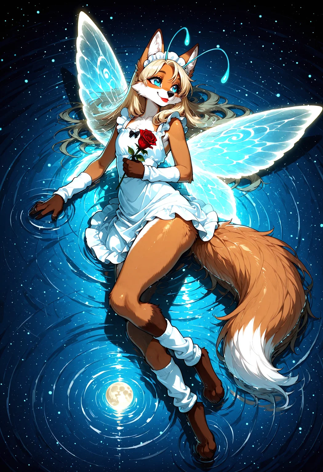 source_furry, (best quality:1.1), ultra-detailed, high resolution, highly detailed macro illustration, solo BREAK BREAK 1boy, girly, anthro fox, fluffy ears, brown ear tips, hybrid, Femboy, (beautiful glowing blue eyes:1.2), Long eyelashes, Blonde long hair, black nose, red lipstick, Fox tail, Thick thighs, bottom heavy, (happy expression, cute face:1.4), crystal antennae, brown paws, (kawai maid dress:1.3), short skirt, hand warmers, (magic wings:1.3) BREAK lying on the water, (holding one rose:1.2), night, full body, reflection of the night sky in the water, yellow floating flowers on the water, moon reflection, water, (water magic), (dynamic pose:1.2), magic particles, glowing particles BREAK detailed background, (close-up:1.2) BREAK sharp focus, perfect lighting, extremely detailed, high detail, cinematic softness, SmoothNegative_Hands