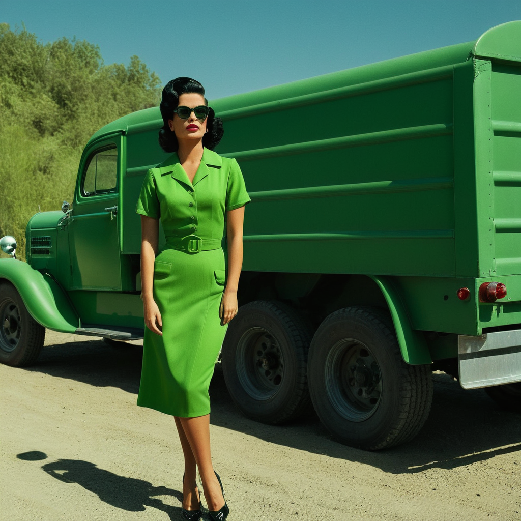 UHD, 4k, ultra detailed, cinematic, a photograph of  <lora:Retro Fashion style:1>
a woman in a green dress standing in front of a green truck retro style,solo,black hair,1boy,standing,full body,male focus,outdoors,sky,day,high heels,sunglasses,ground vehicle,motor vehicle,realistic,car , model, modeling, retro, fashion, vintage, classic, 1950's, 1940's 1960's, different, colorful, different hair style, vivid, film noise, film grain, filmic, perfect, perfection, detailed, contrast, deep color, saturation, fashionista, retro fashion style, epic, beautiful lighting, inpsiring