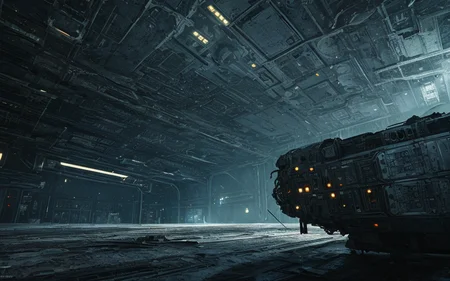 Bright light, scenery, panels, outworn spacecraft, eerie atmospheric lighting, novuschroma60 style bokeh