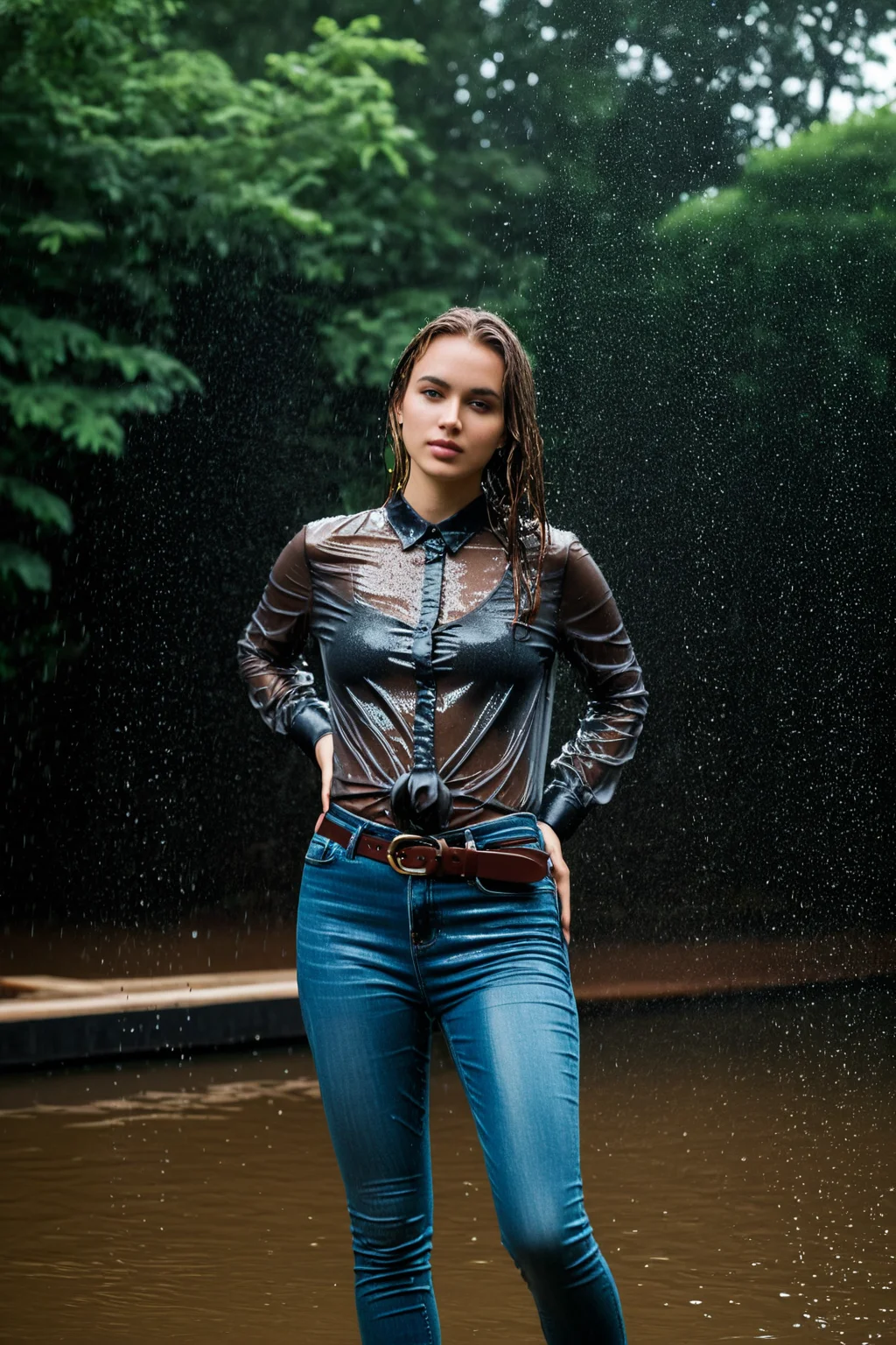 wetgirl, standing in the rain, water drop, wet hair, wet silk shirt, shirt tucked into skinny jeans, belt, looking at viewer, photographed on a Fujifilm XT3, 80mm F/1.7 prime lens, cinematic film still, cinestill 500T, highly detailed, masterpiece, highest quality, intricately detailed, HDR, 8k, uhd, photorealistic, <lora:wetgirl_v2:0.75>