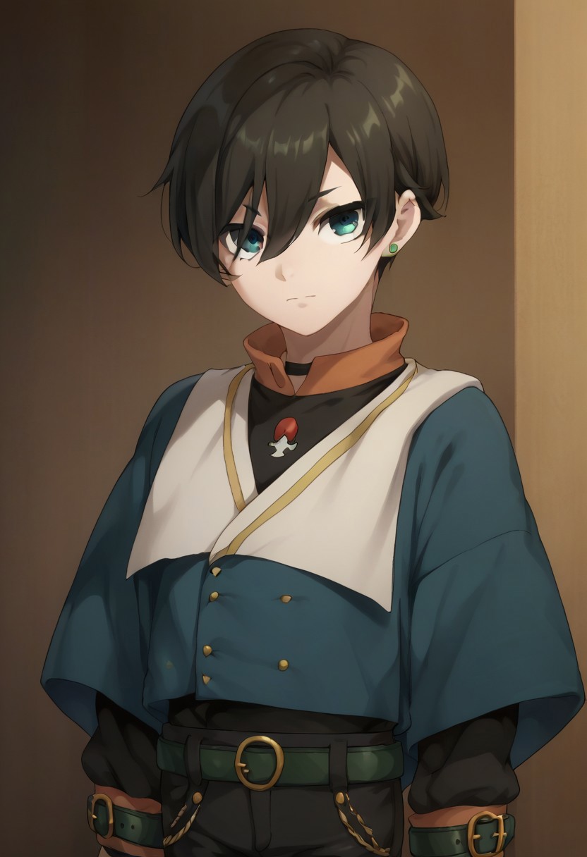 score_9, score_8_up, score_7_up, source_anime, highly detailed, 
jackmouton, 1boy, male focus, solo, jewelry, earrings, blue eyes, black hair, looking at viewer, ring, belt, pants, black pants, hair between eyes, long sleeves, capelet,