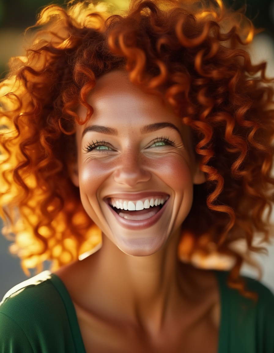 A radiant image of a woman with curly red hair cascading around her round face, her green eyes sparkling with laughter, her wide smile lighting up her features, full of warmth and joy. <lora:usual-portrait-v2:1>
