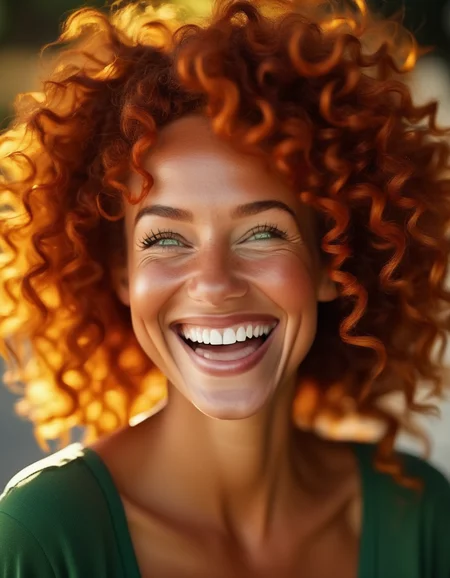 A radiant image of a woman with curly red hair cascading around her round face, her green eyes sparkling with laughter, her wide smile lighting up her features, full of warmth and joy. <lora:usual-portrait-v2:1>