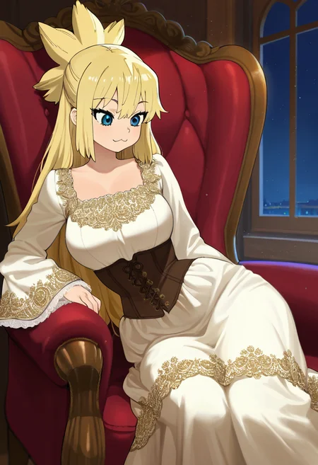 kohaku_(dr_stone), :3, masterpiece, best quality, amazing quality, ultra detailed, solo, 1girl, adult, long dress, wide sleeves, ornate dress, corset, victorian dress, sitting, armchair, brocade, reclining, leaning on side, chin down proud, indoors, night, particles, cowboy shot,