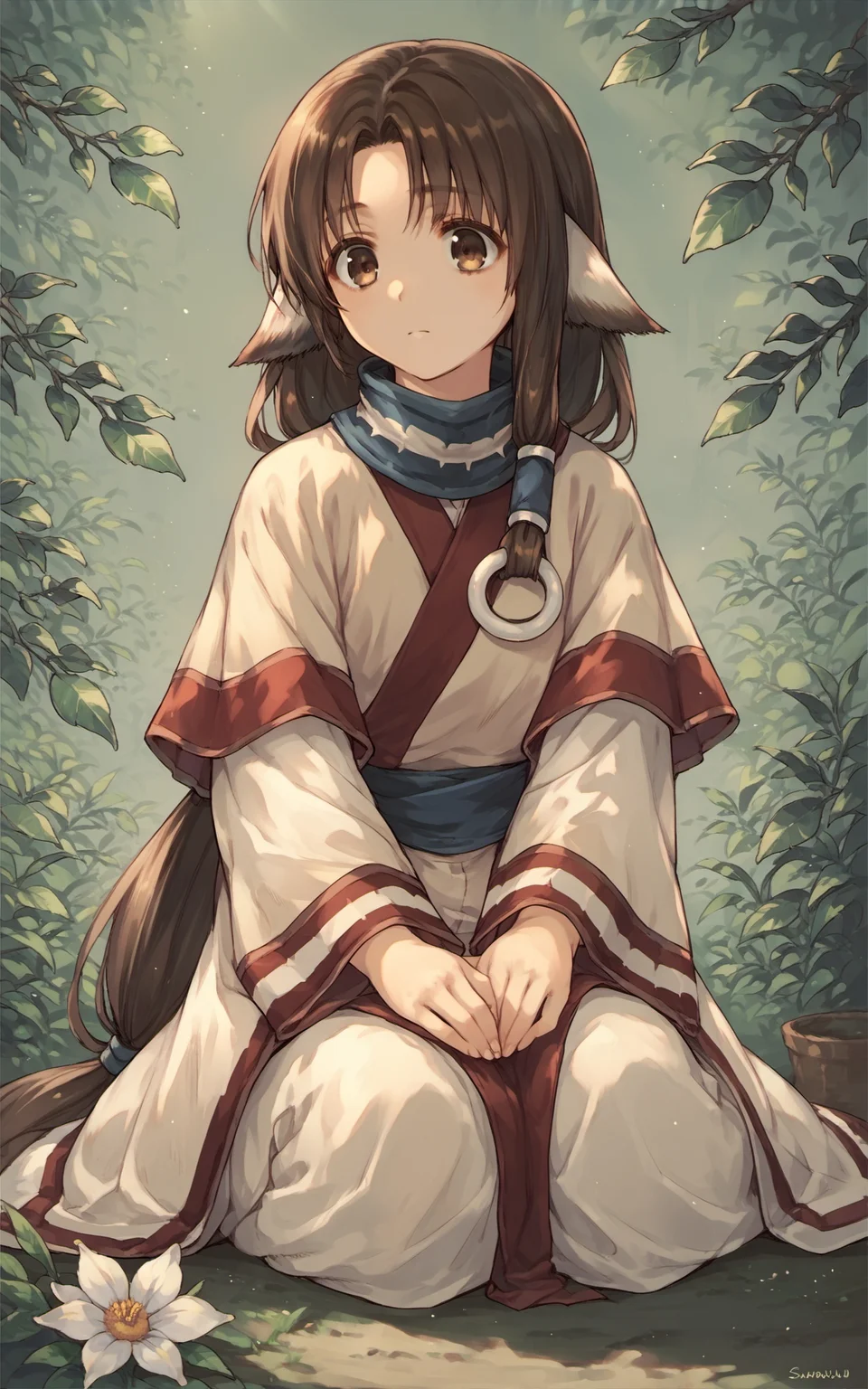 (score_9,score_8_up:1.1),score_7_up,score_6_up,score_5_up,score_4_up,source_anime,1girl,<lora:eruruu_pony_v2:0.8>,eruruu,eruruu_formal,brown hair,long hair,low-tied long hair,sitting