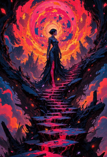 masterpiece, high-quality, A towering, biomechanical empress ascends a staircase of glowing black glass, each step pulsating with crimson veins of energy. Her sleek, metallic gown flows like liquid mercury, adorned with jagged shards of glowing ruby. Her short, jet-black hair is crowned with floating, fragmented pieces of a shattered halo that rotate around her head in synchronized motion. Behind her, a colossal, mechanical sun looms in the surreal sky, its blinding rays illuminating the jagged, hyperdetailed silhouette of a fractured city consumed by spiraling shadows and neon embers., <lora:FLUX\Anime v1.3:0.5> <lora:FLUX\VividlySurrealOrigin:0.8> <lora:FLUX\FLUX-daubrez-DB4RZ:0.4>