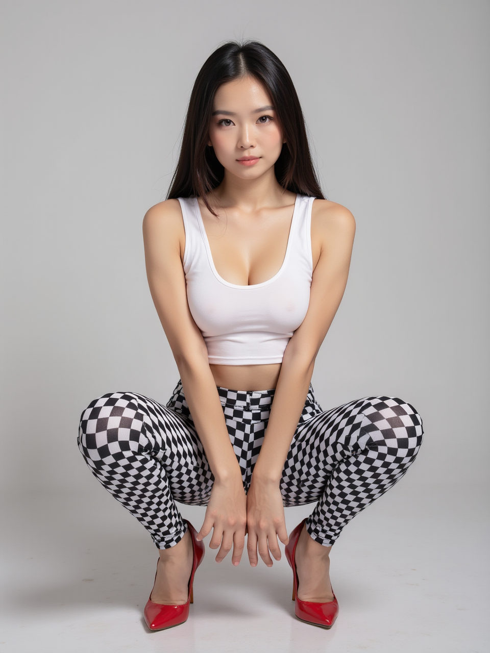 a photo of a beautiflu woman,check print leggings,
an asian woman squat and spread legs pose,hands and arms behind hips,front camera,sexy pose,realistic,amazing photo,cinematic lighting,check print leggings,white tank top,red high heels shoes,
facing viewer,looking at viewer,<lora:flux-check-print-leggings:1>,<lora:flux-nacha:1>,