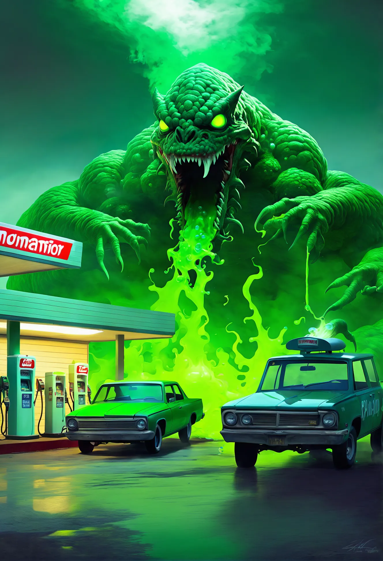 pulp horror, scary, dilapidated gas station,bubbling cauldron full of green liquid,elder abomination<lora:EnvyPulpHorrorXL01:1:1:lbw=ALL>