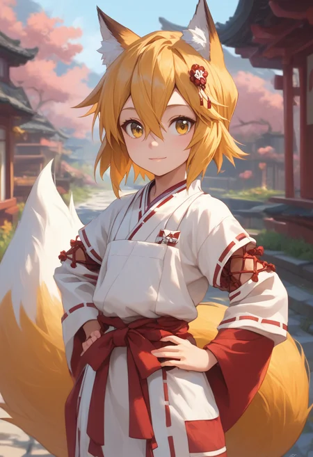 outdoors, kimono, hands on own hip