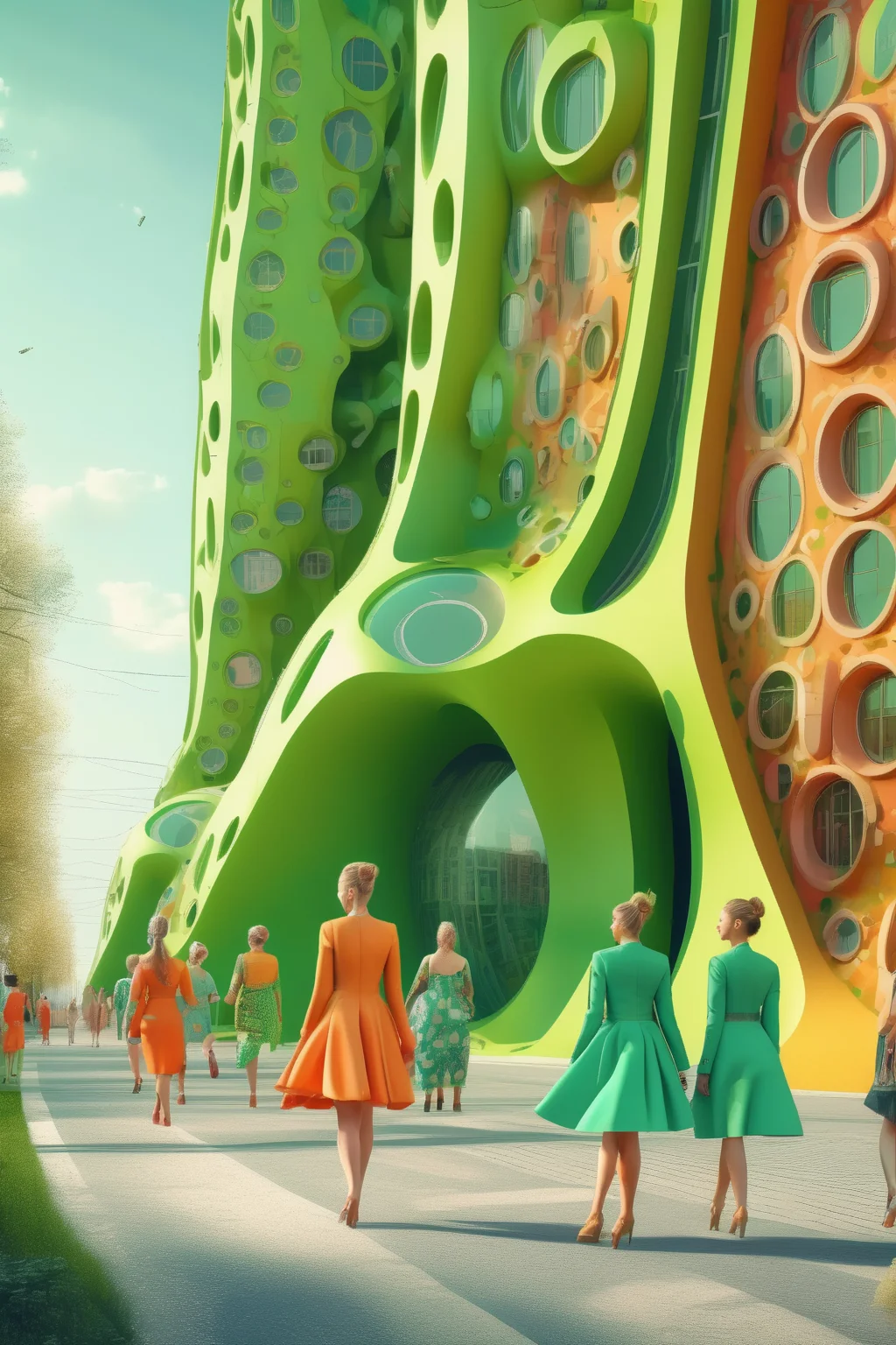 <lora:Filip Hodas Style:1>Filip Hodas Style - people in colourful avangard fashion dresses walking on a street of a future green city with crazy architecture perspective ultra detail 12k hyperrealistic photo rendering