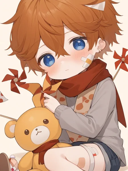 <lora:å
¬å:1>ï¼1boy, male_focus, bandaid, pinwheel, male_child, blue_eyes, bandaid_on_face, bangs, stuffed_toy, hair_between_eyes, solo, holding, aged_down, long_sleeves, bandaid_on_cheek, blush, stuffed_animal, orange_hair, child, brown_hair, scarf, toy, bandaid_on_leg, short_hair, bandaid_on_knee, shirt, shorts