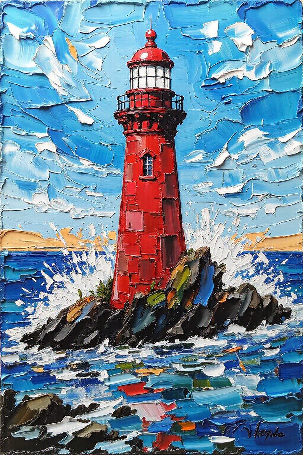 impasto oil painting of a red lighthouse on a small island in the middle of a body of water. The lighthouse is painted in shades of red, with a black railing around the top of the lighthouse and a white light at the top. The light is surrounded by a blue sky that is filled with white clouds. The water is splashing around the lighthouse, creating a splashing effect on the surface of the water.  <lora:impasto_nocap_d6a3:1.0> <lora:Flux-Sch-SingleBlocks-BF16:1.0><lora:802435835480966650:0>