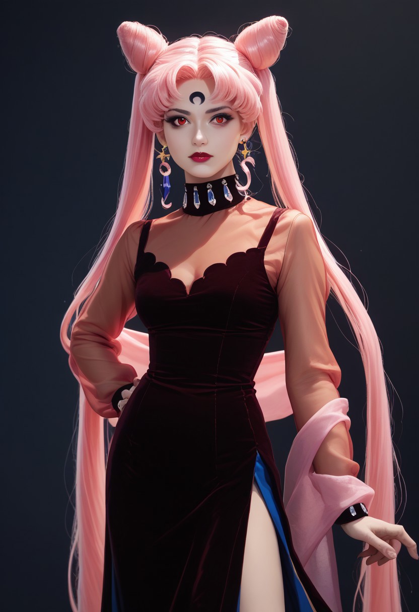 score_9,score_8_up,score_7_up, realistic, masterpiece, best quality, 1girl, black lady, 1girl, solo, long hair, red eyes, dress, twintails, jewelry, very long hair, pink hair, earrings, hair bun, see-through, double bun, makeup, facial mark, lipstick, crescent, side slit, aged up, forehead mark, cone hair bun, crescent facial mark, crystal earrings