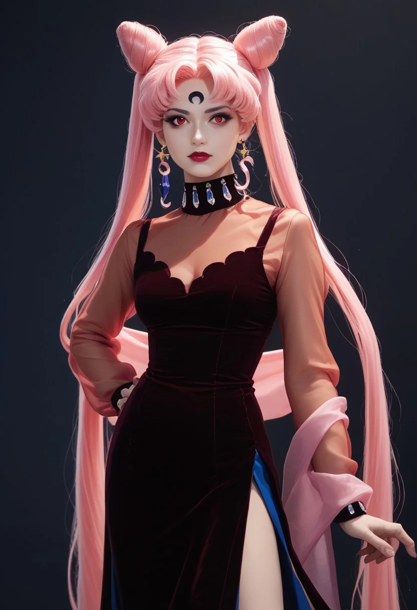 score_9,score_8_up,score_7_up, realistic, masterpiece, best quality, 1girl, black lady, 1girl, solo, long hair, red eyes, dress, twintails, jewelry, very long hair, pink hair, earrings, hair bun, see-through, double bun, makeup, facial mark, lipstick, crescent, side slit, aged up, forehead mark, cone hair bun, crescent facial mark, crystal earrings