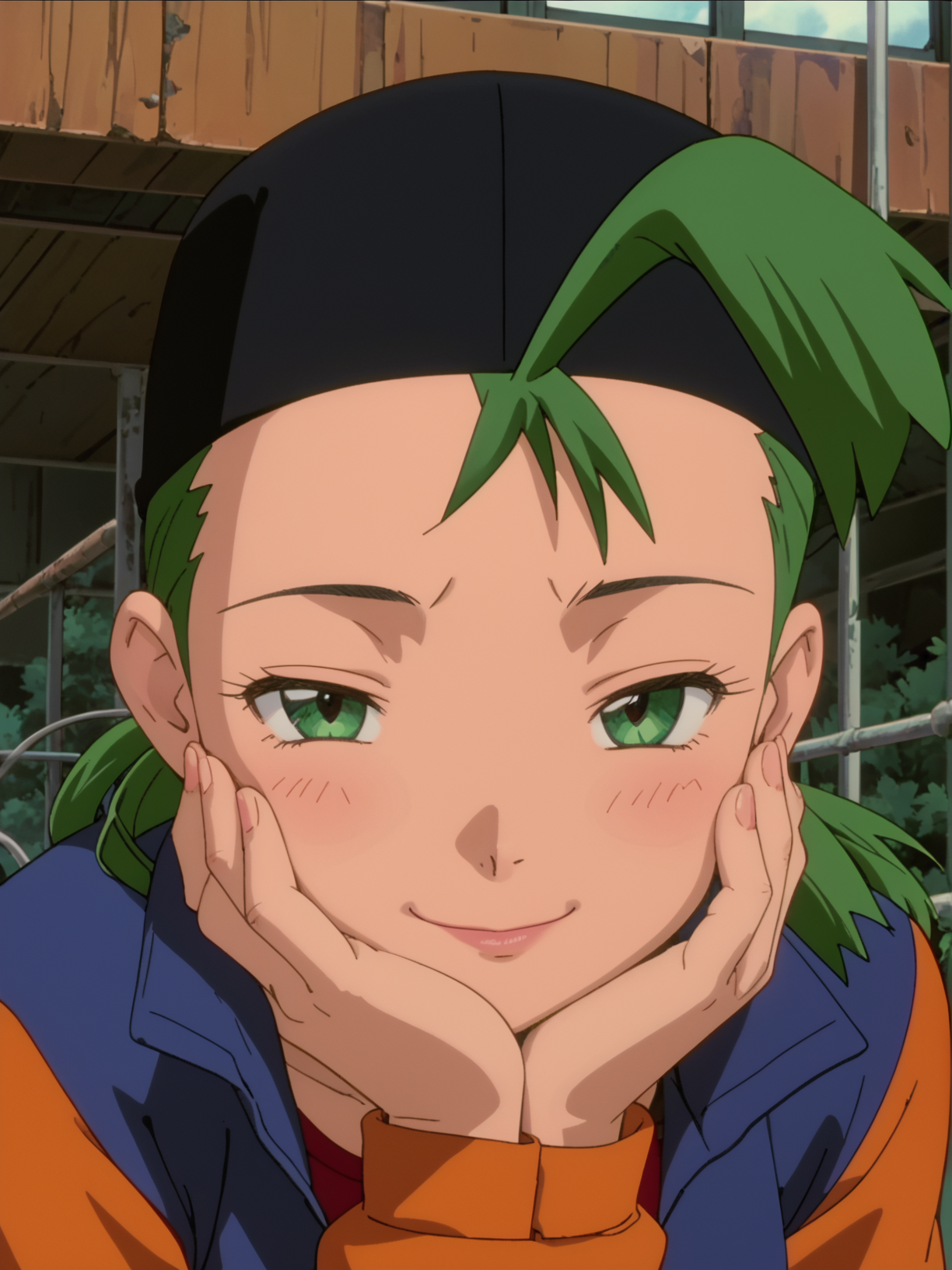 score_9, score_8_up, score_7_up, 1girl, solo, source_anime, anime_screencap, pkmMaren, green hair,  <lora:pkmMaren:1>  face focus, close up, holding face in hand, smiling with half closed eyes, looking at viewer,