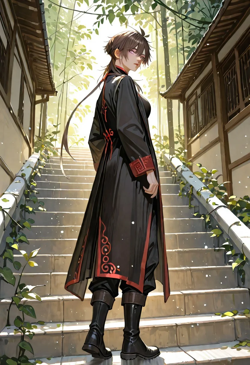 1girl, genderswap \(mtf\), genderswap, solo, male focus, zhuo-yi fan,brown hair,light purple eyes,long sleeves, standing, full body, outdoors, boots, pants, black footwear, from side, coat, black pants, leaf, plant, light particles,long hair,low pigtail,pigtail,intricate red trim, black coat, stairs,look back, vines, medium breasts, tomboy,
masterpiece, best quality, amazing quality,
Zhuo yi-fan-magic emperor,
<lora:Detailer_NoobAI_Incrs_v1:0.75>, masterwork, masterpiece, best quality, dynamic lighting , dynamic pose,, dynamic angle, , , (lineless:1.2), detailed, depth of field, dynamic lighting, blurry, (cheekbones:0.85), (realistic:1.2)
adult, aged up,, ultra-HD, cinematic lighting, photorealistic, (impressionism:1.5), high detail ,masterpiece, best quality, very aesthetic, 8k, perfect eyes